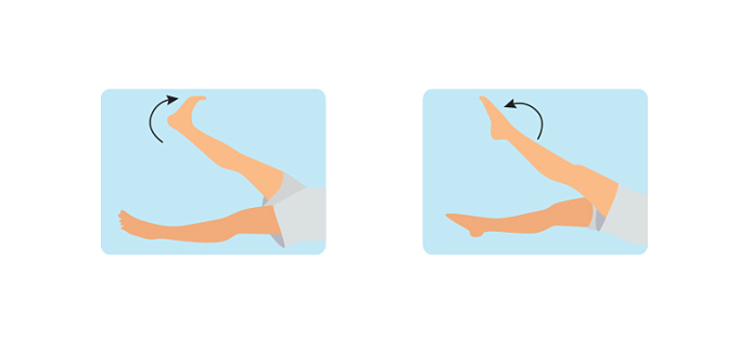 Gập và uốn cong bàn chân: gập bàn chân phải hướng vào cơ thể, sau đó duỗi và uốn cong về phía trước. Thực hiện 10 lần rồi đổi sang bàn chân trái.